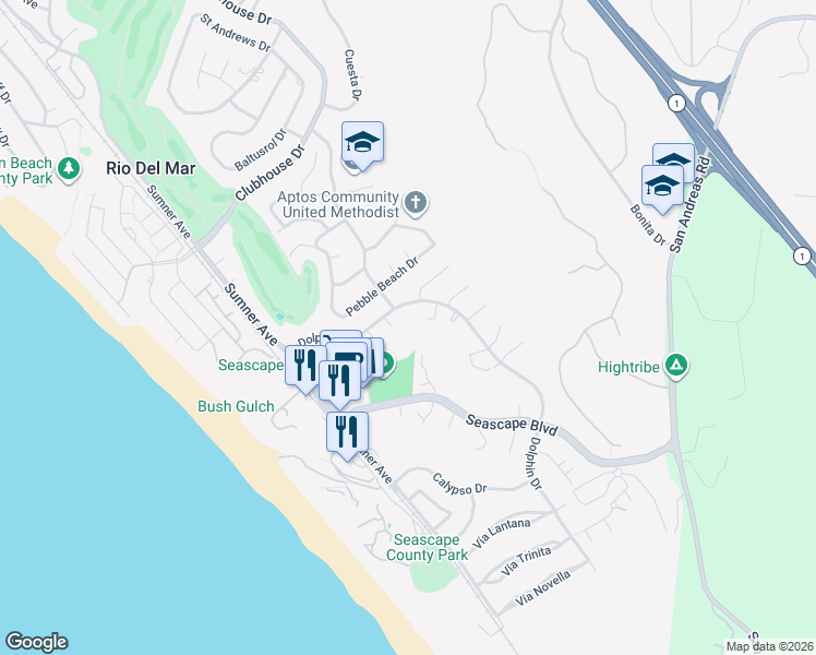 map of restaurants, bars, coffee shops, grocery stores, and more near 1542 Dolphin Drive in Aptos