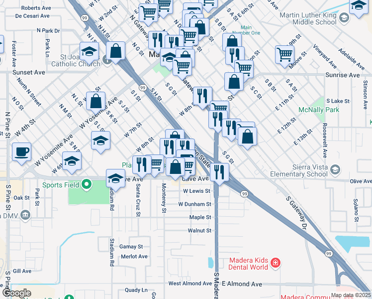 map of restaurants, bars, coffee shops, grocery stores, and more near 503 South H Street in Madera