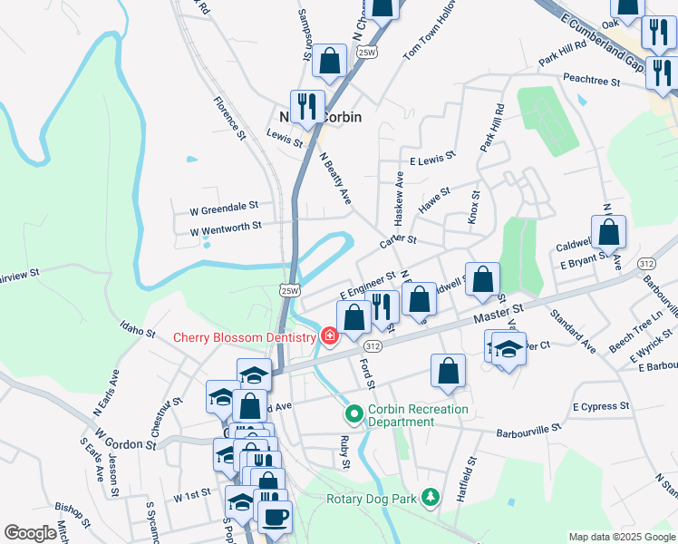map of restaurants, bars, coffee shops, grocery stores, and more near 412 Wentzel Street in Corbin