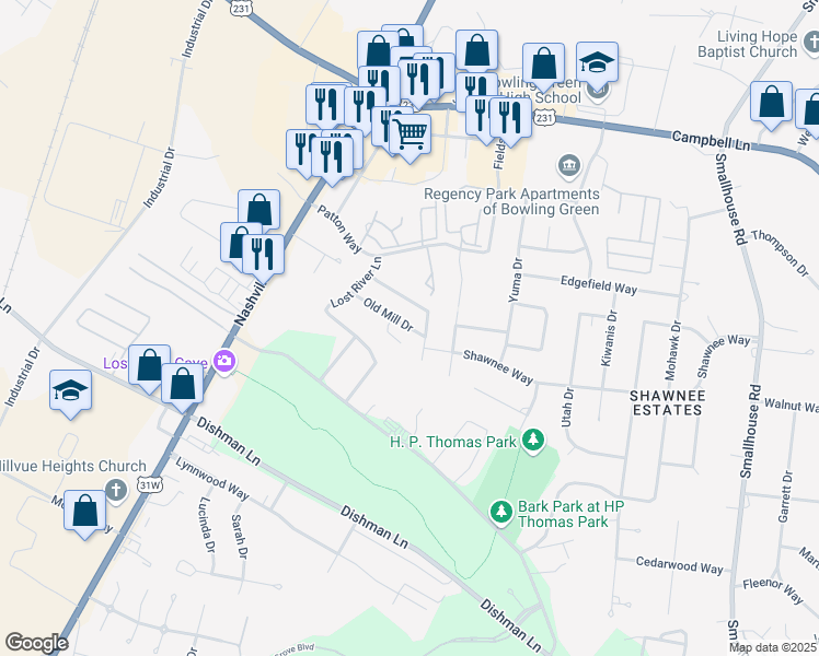 map of restaurants, bars, coffee shops, grocery stores, and more near 174 Old Mill Drive in Bowling Green