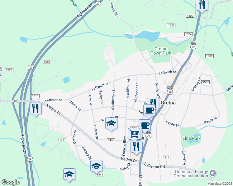 map of restaurants, bars, coffee shops, grocery stores, and more near 212 Washington Street in Gretna