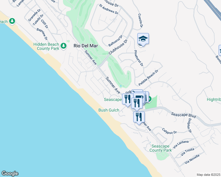 map of restaurants, bars, coffee shops, grocery stores, and more near 1115 Vía Tornasol in Aptos