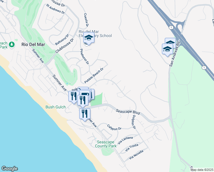 map of restaurants, bars, coffee shops, grocery stores, and more near 1658 Dolphin Drive in Aptos