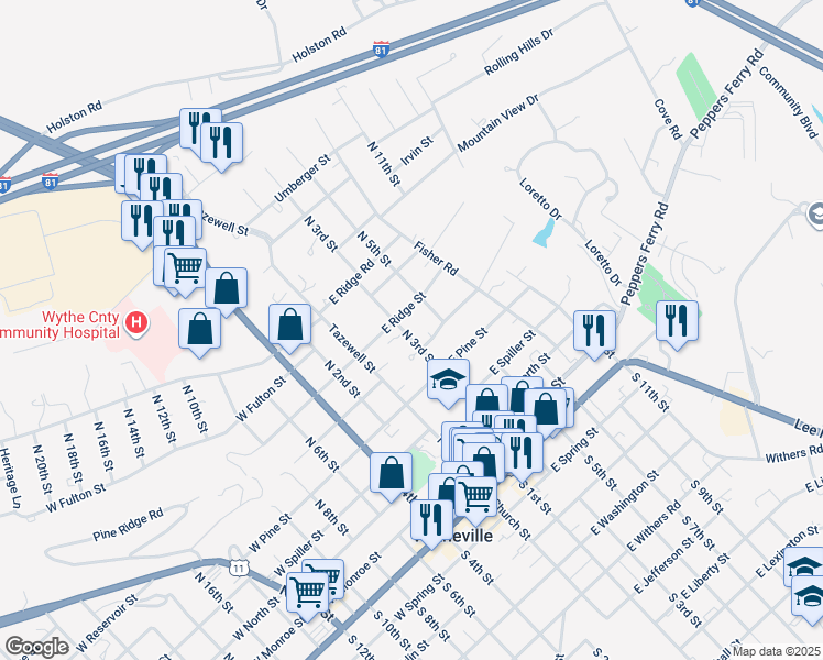map of restaurants, bars, coffee shops, grocery stores, and more near 660 North 3rd Street in Wytheville