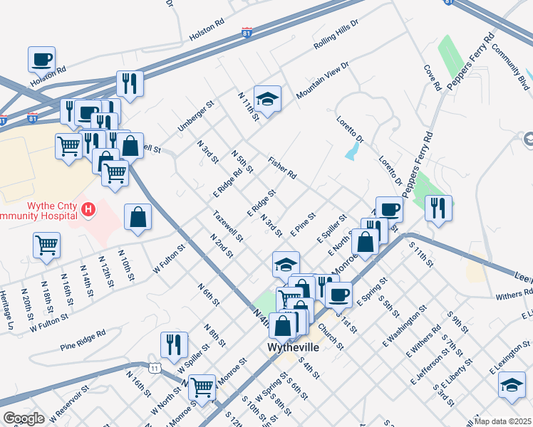 map of restaurants, bars, coffee shops, grocery stores, and more near 660 North 3rd Street in Wytheville