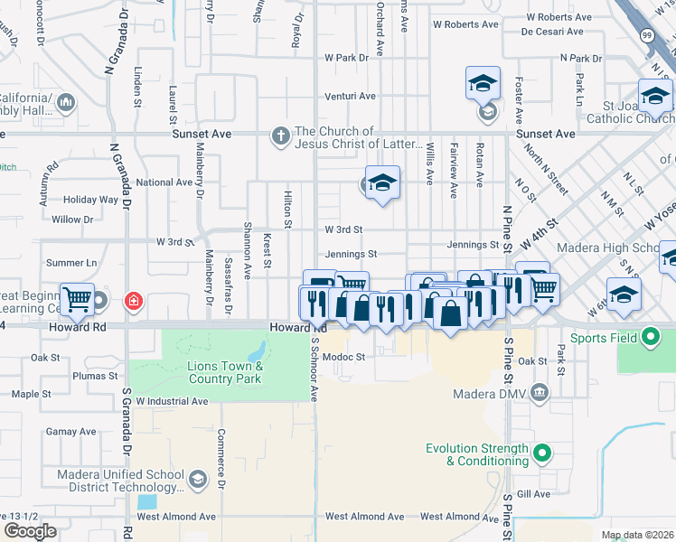 map of restaurants, bars, coffee shops, grocery stores, and more near 1924 Jennings Street in Madera