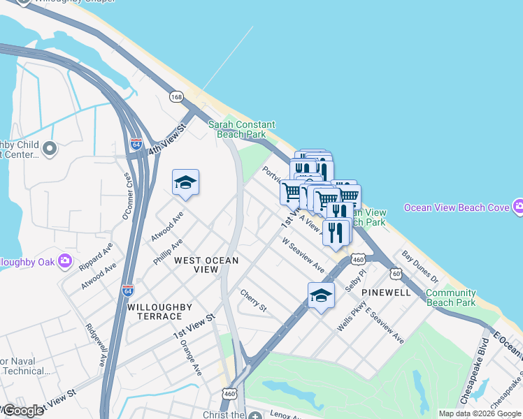 map of restaurants, bars, coffee shops, grocery stores, and more near 244 West Balview Avenue in Norfolk