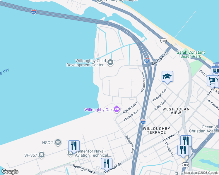 map of restaurants, bars, coffee shops, grocery stores, and more near Court D in Norfolk