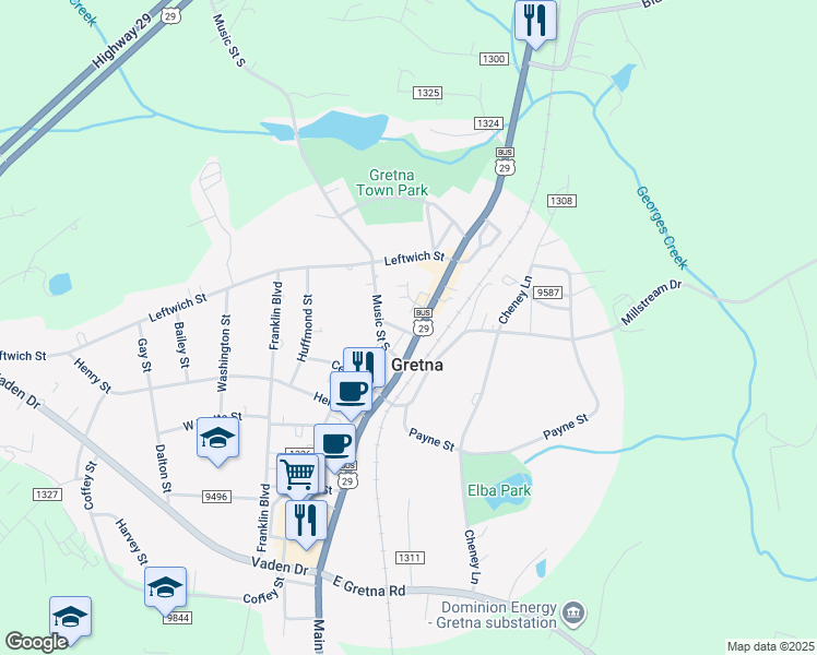 map of restaurants, bars, coffee shops, grocery stores, and more near 102 Colbert Street in Gretna