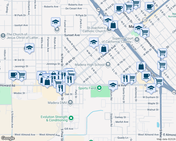 map of restaurants, bars, coffee shops, grocery stores, and more near 912 West Yosemite Avenue in Madera