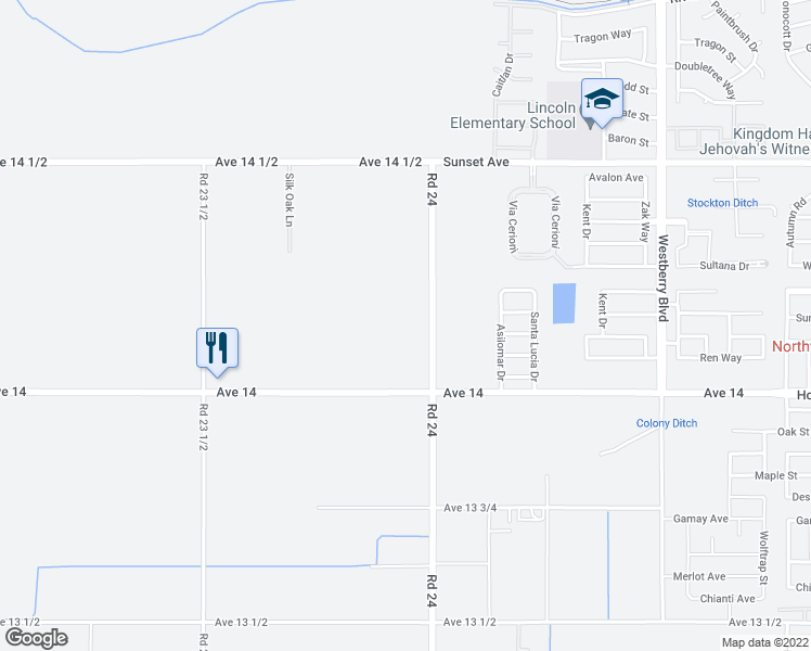 map of restaurants, bars, coffee shops, grocery stores, and more near 14228 Road 24 in Madera