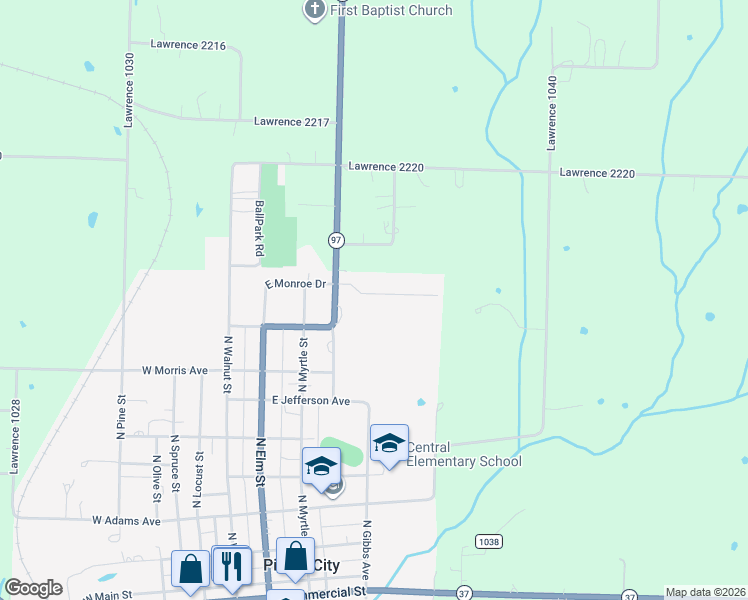 map of restaurants, bars, coffee shops, grocery stores, and more near 401 Monroe Drive in Pierce City