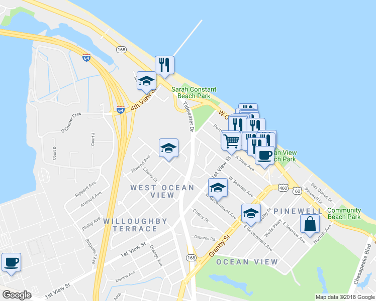 map of restaurants, bars, coffee shops, grocery stores, and more near 9544 Mason Creek Road in Norfolk