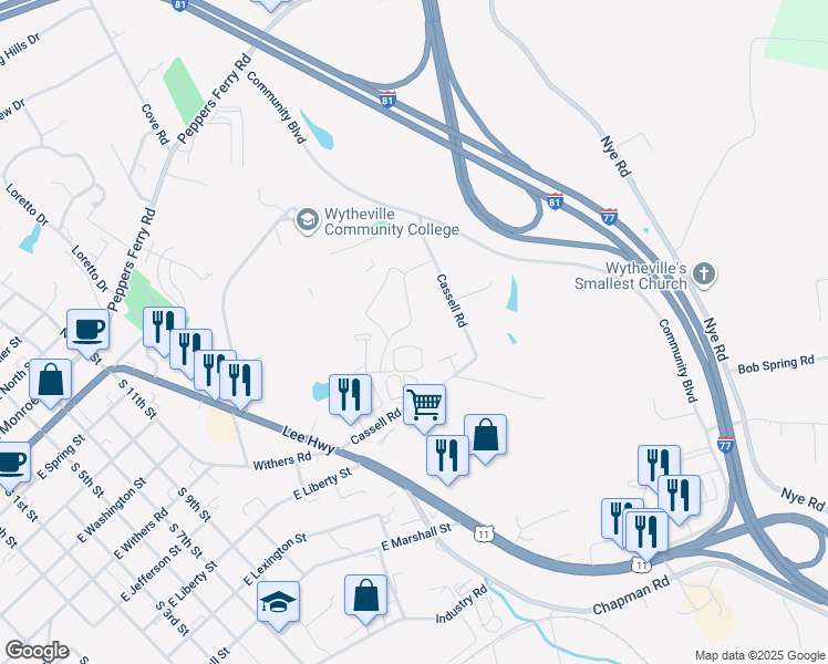 map of restaurants, bars, coffee shops, grocery stores, and more near 1235 North 11th Street in Wytheville
