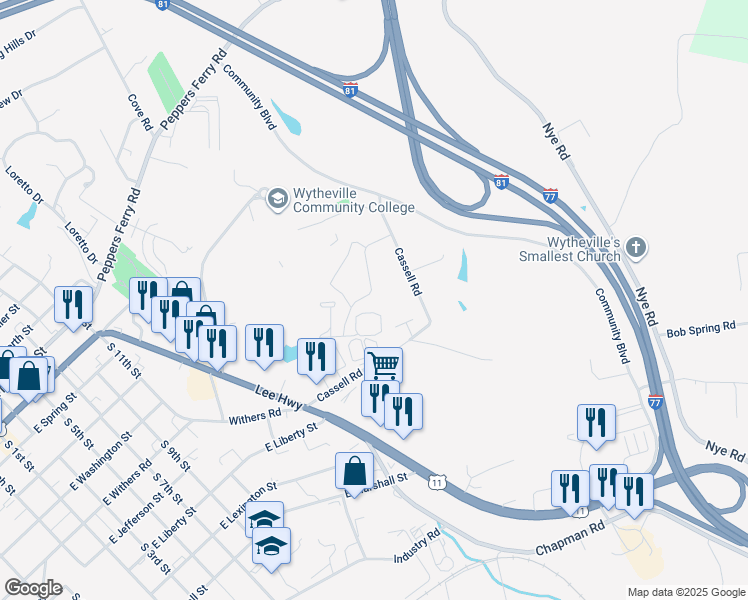 map of restaurants, bars, coffee shops, grocery stores, and more near 1235 North 11th Street in Wytheville