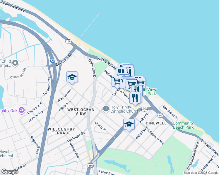 map of restaurants, bars, coffee shops, grocery stores, and more near 220 A View Avenue in Norfolk