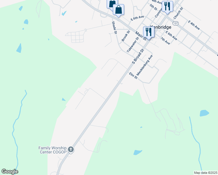 map of restaurants, bars, coffee shops, grocery stores, and more near 800 South Broad Street in Kenbridge