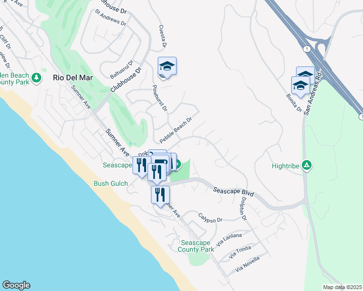 map of restaurants, bars, coffee shops, grocery stores, and more near 1504 Dolphin Drive in Aptos
