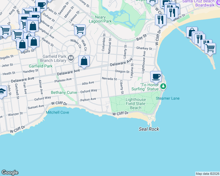 map of restaurants, bars, coffee shops, grocery stores, and more near 140 National Street in Santa Cruz