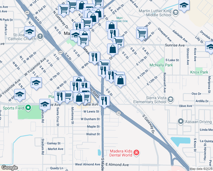 map of restaurants, bars, coffee shops, grocery stores, and more near 617 South G Street in Madera