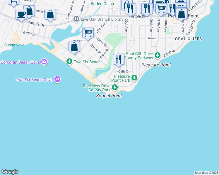 map of restaurants, bars, coffee shops, grocery stores, and more near 2866 Chesterfield Drive in Santa Cruz
