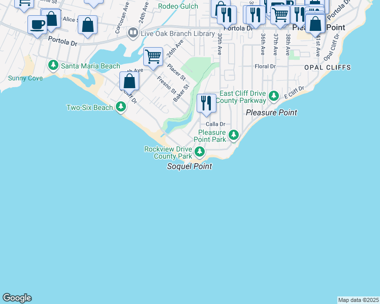 map of restaurants, bars, coffee shops, grocery stores, and more near 2866 Chesterfield Drive in Santa Cruz