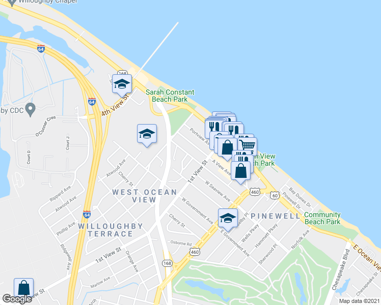 map of restaurants, bars, coffee shops, grocery stores, and more near 252 West Balview Avenue in Norfolk