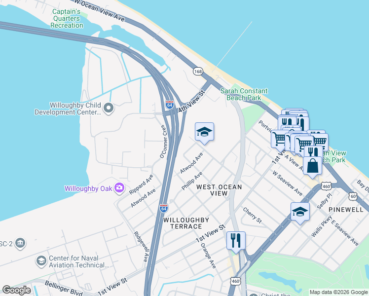 map of restaurants, bars, coffee shops, grocery stores, and more near 407 West Government Avenue in Norfolk