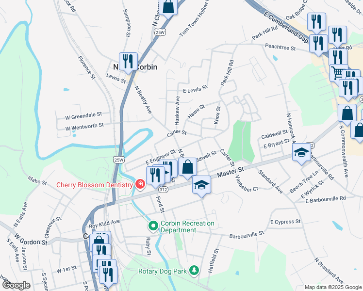 map of restaurants, bars, coffee shops, grocery stores, and more near 810 East Engineer Street in Corbin