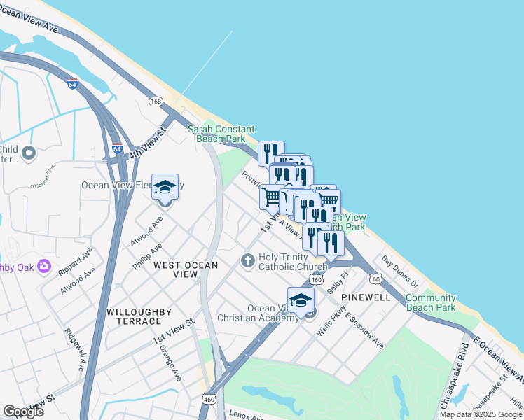 map of restaurants, bars, coffee shops, grocery stores, and more near 225 A View Avenue in Norfolk