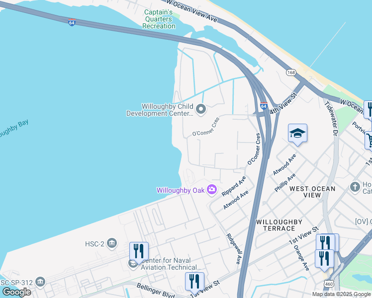 map of restaurants, bars, coffee shops, grocery stores, and more near 8180 O'Conner Crescent in Norfolk