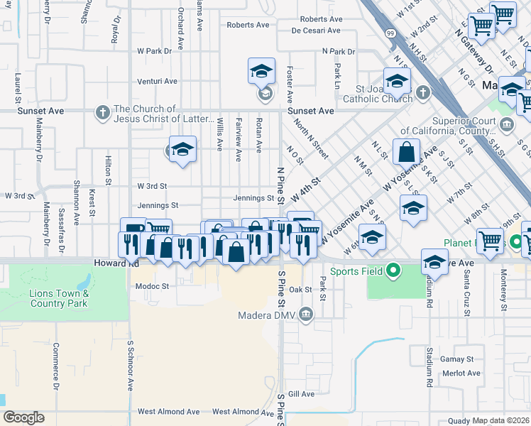 map of restaurants, bars, coffee shops, grocery stores, and more near 1417 West 4th Street in Madera