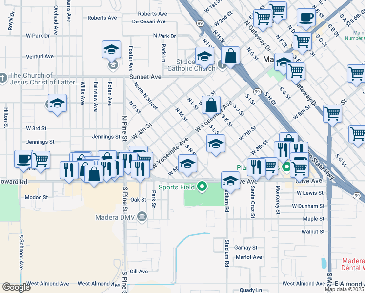 map of restaurants, bars, coffee shops, grocery stores, and more near 900 West Yosemite Avenue in Madera