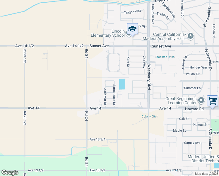 map of restaurants, bars, coffee shops, grocery stores, and more near 3537 San Juan Drive in Madera