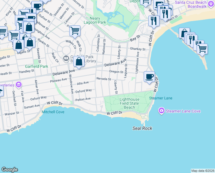 map of restaurants, bars, coffee shops, grocery stores, and more near 140 National Street in Santa Cruz