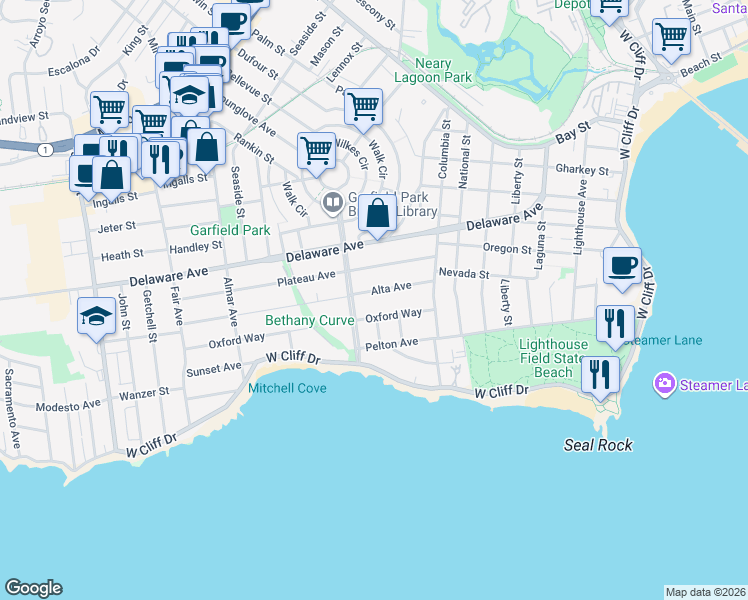 map of restaurants, bars, coffee shops, grocery stores, and more near 180 Alta Avenue in Santa Cruz
