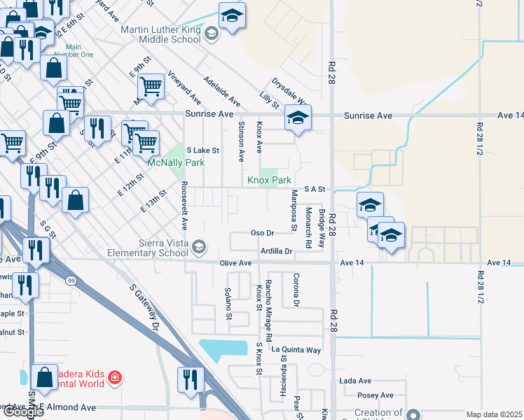 map of restaurants, bars, coffee shops, grocery stores, and more near 178 Knox Court in Madera