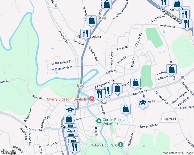 map of restaurants, bars, coffee shops, grocery stores, and more near 412 Wentzel Street in Corbin