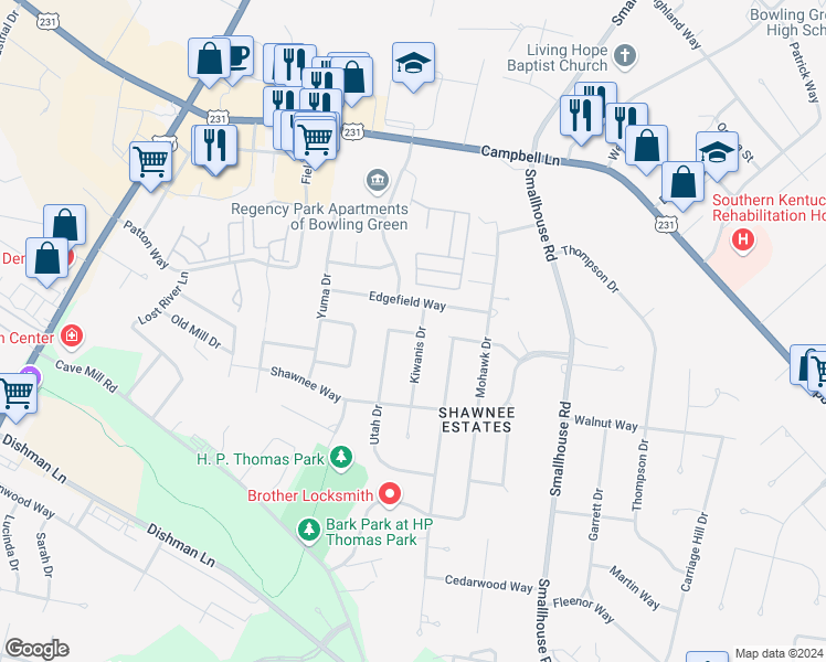 map of restaurants, bars, coffee shops, grocery stores, and more near 1013 Choctaw Way in Bowling Green