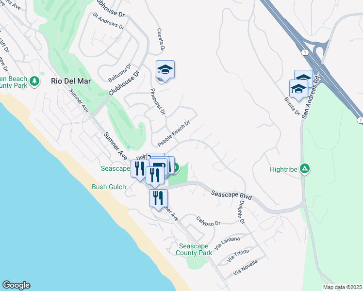 map of restaurants, bars, coffee shops, grocery stores, and more near 1504 Dolphin Drive in Aptos