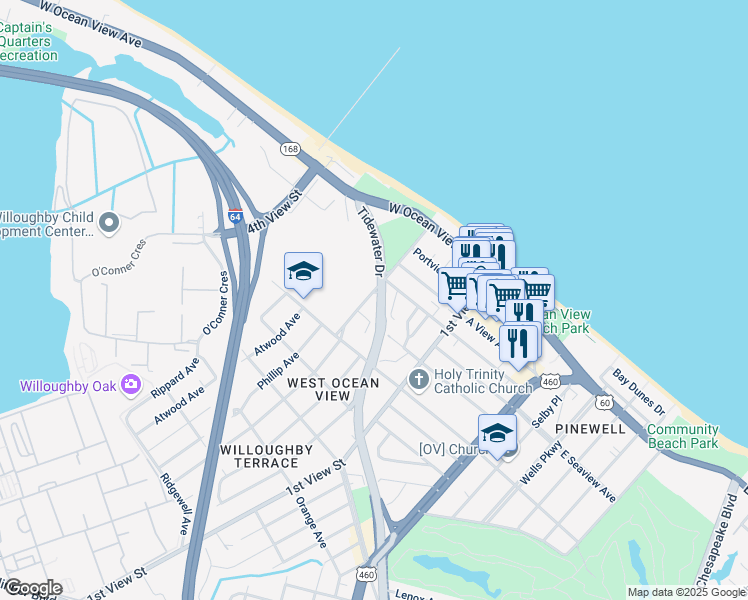map of restaurants, bars, coffee shops, grocery stores, and more near 9552 Mason Creek Road in Norfolk