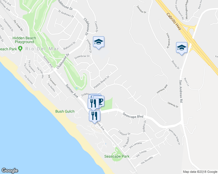map of restaurants, bars, coffee shops, grocery stores, and more near 1514 Dolphin Drive in Aptos