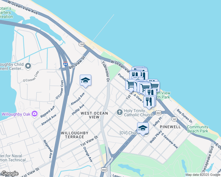 map of restaurants, bars, coffee shops, grocery stores, and more near 9555 Lakeside Drive in Norfolk