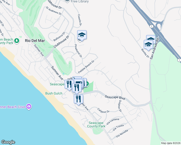 map of restaurants, bars, coffee shops, grocery stores, and more near 1514 Dolphin Drive in Aptos