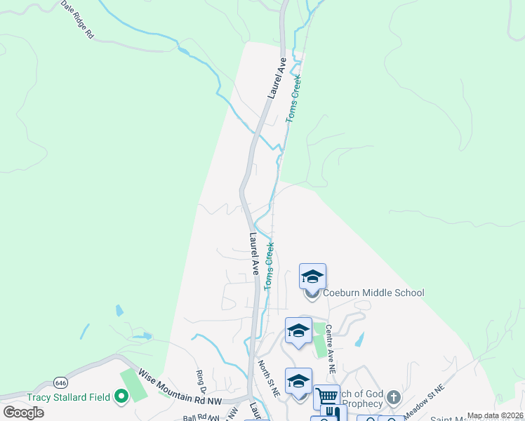 map of restaurants, bars, coffee shops, grocery stores, and more near 114 Little League Road Northeast in Coeburn