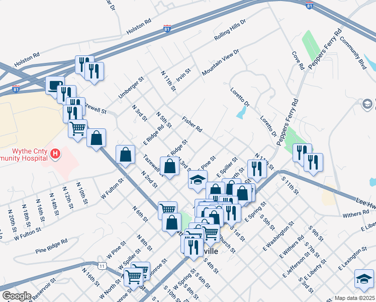 map of restaurants, bars, coffee shops, grocery stores, and more near 645 N 5th St in Wytheville