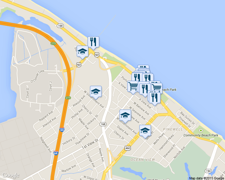 map of restaurants, bars, coffee shops, grocery stores, and more near 9552 Mason Creek Road in Norfolk