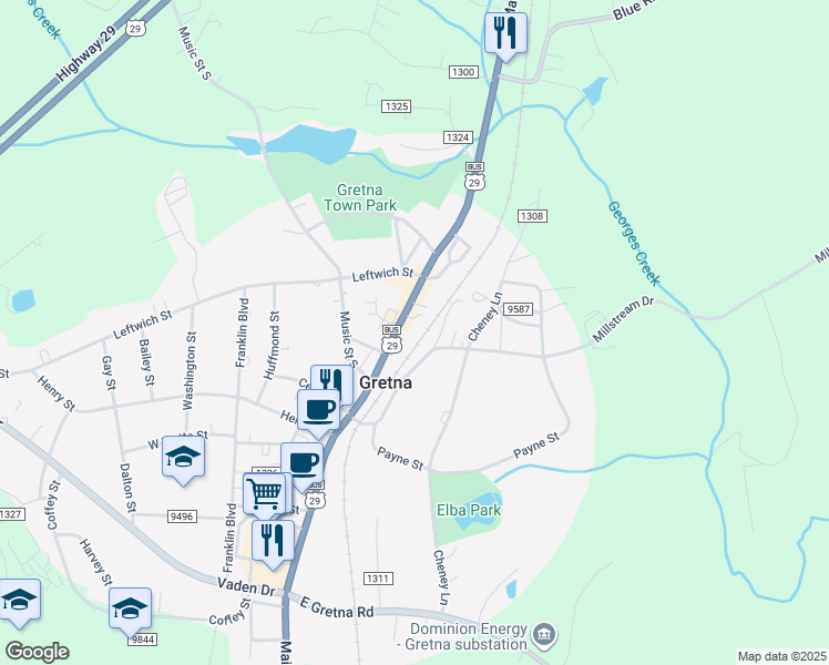 map of restaurants, bars, coffee shops, grocery stores, and more near 410 North Main Street in Gretna