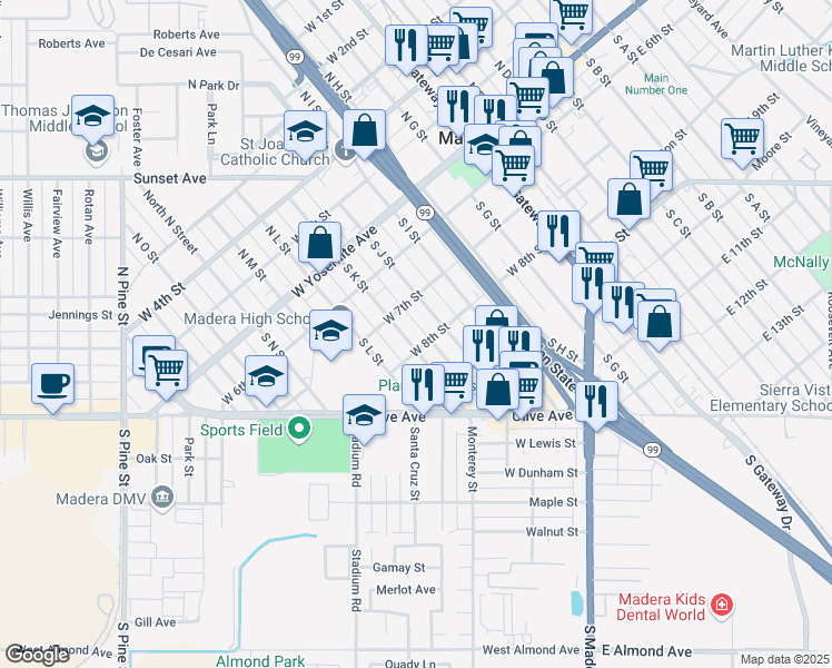 map of restaurants, bars, coffee shops, grocery stores, and more near in Madera