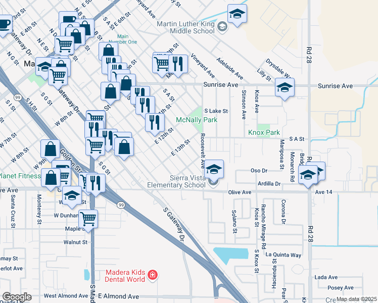 map of restaurants, bars, coffee shops, grocery stores, and more near in Madera